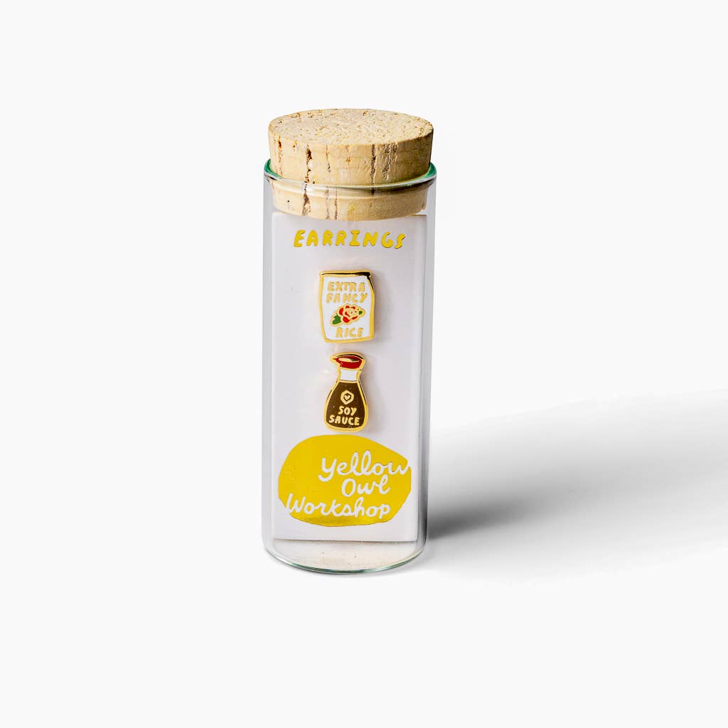 Soy Sauce & Rice Earrings - Gold Foodie Statement Earrings