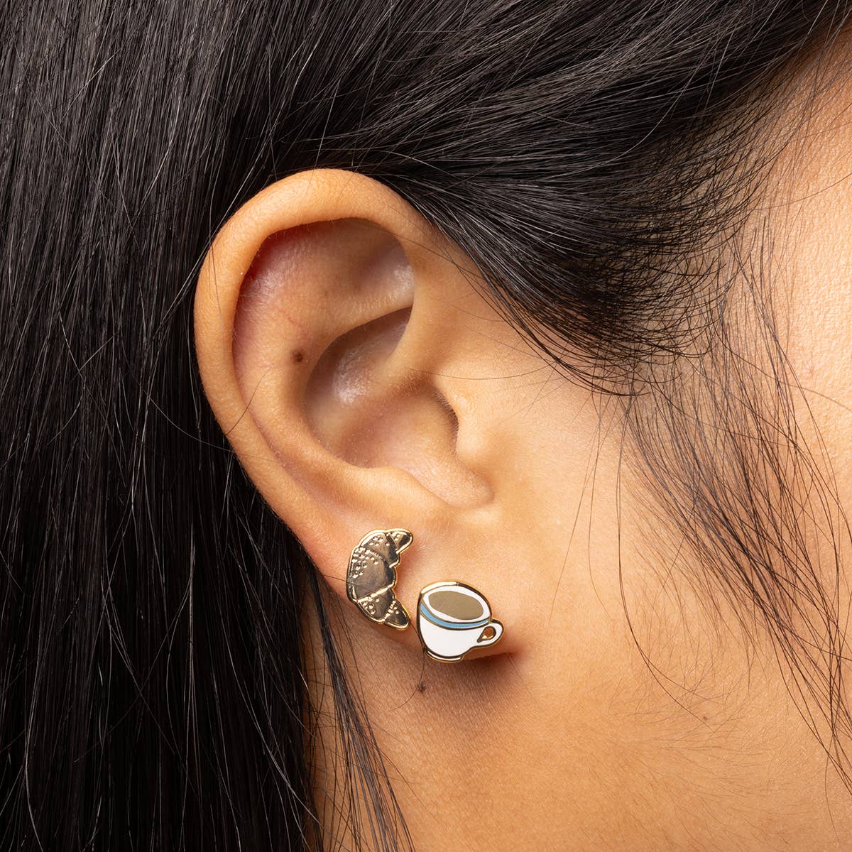 Croissant & Coffee Earrings - Gold Statement Studs