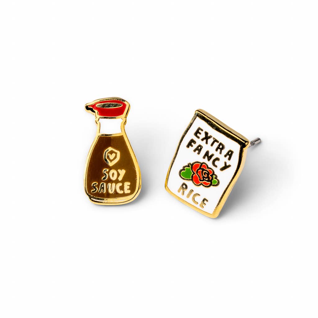 Soy Sauce & Rice Earrings - Gold Foodie Statement Earrings