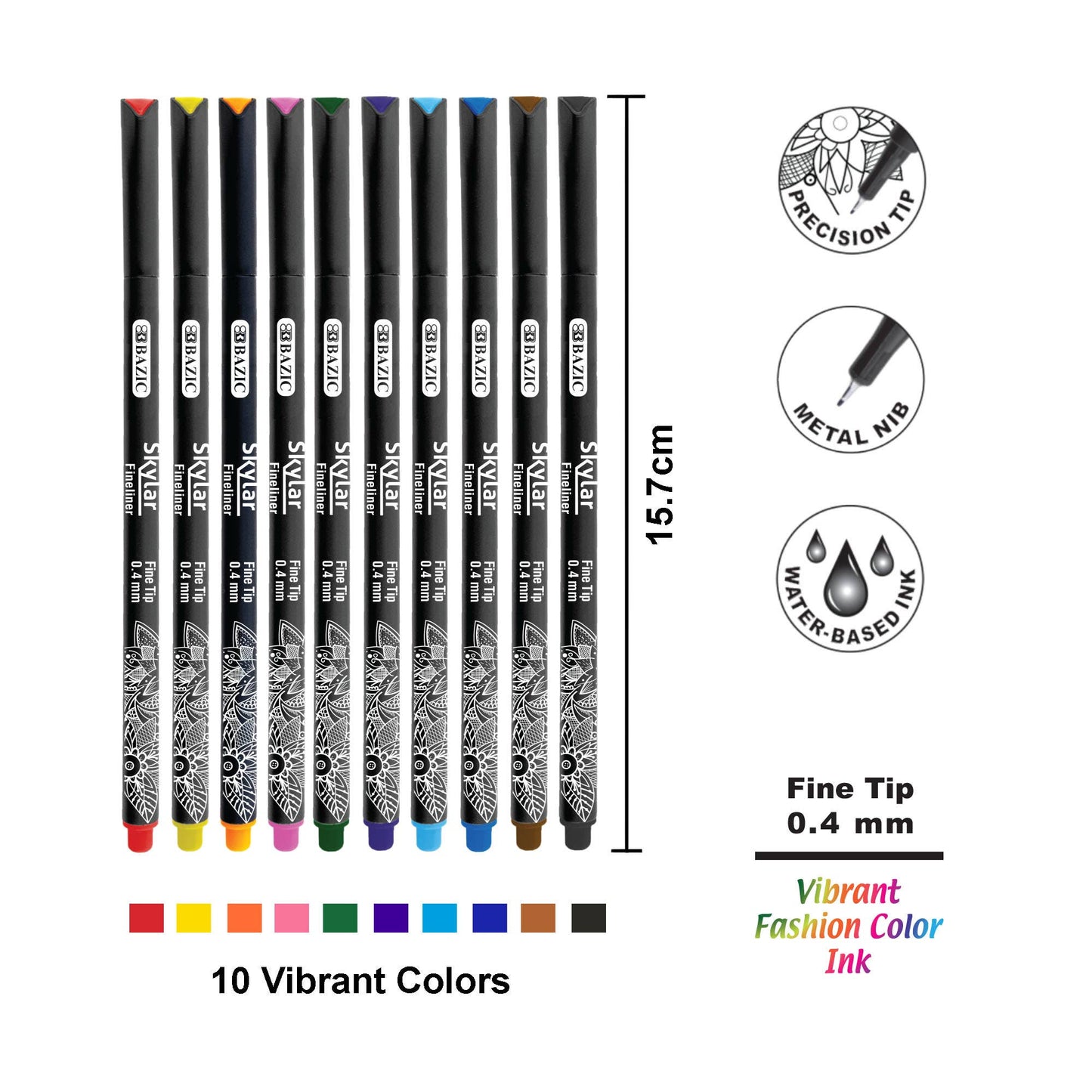 Skylar Fineliner Pens, 0.4mm, 10 Assorted Colors