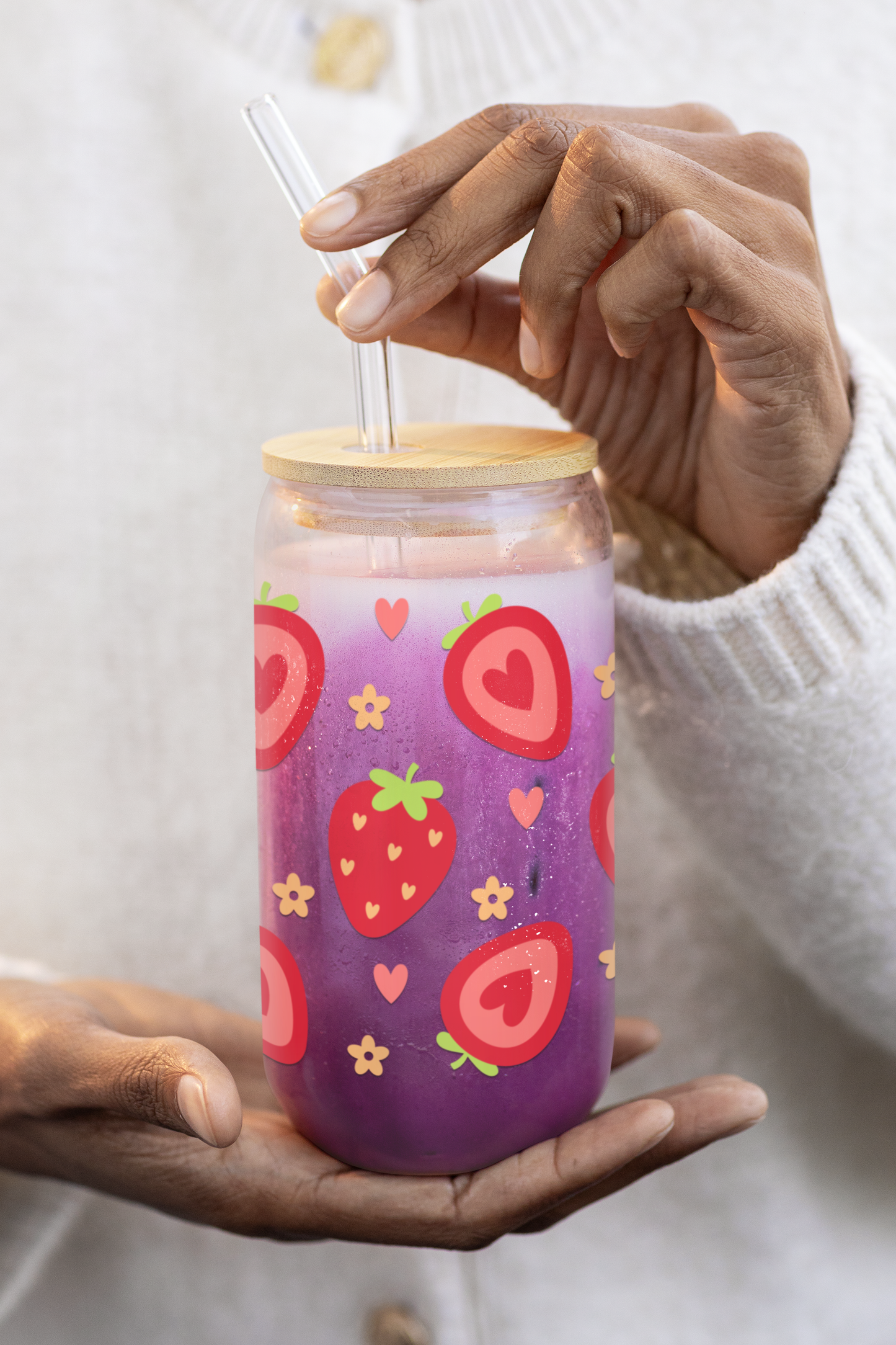Strawberry Hearts 16 oz Glass Can with Bamboo Lid & Glass Straw