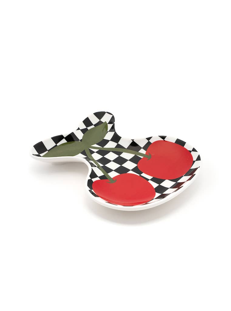 Ceramic Trinket & Jewelry Tray / Dish - Checkered & Cherries