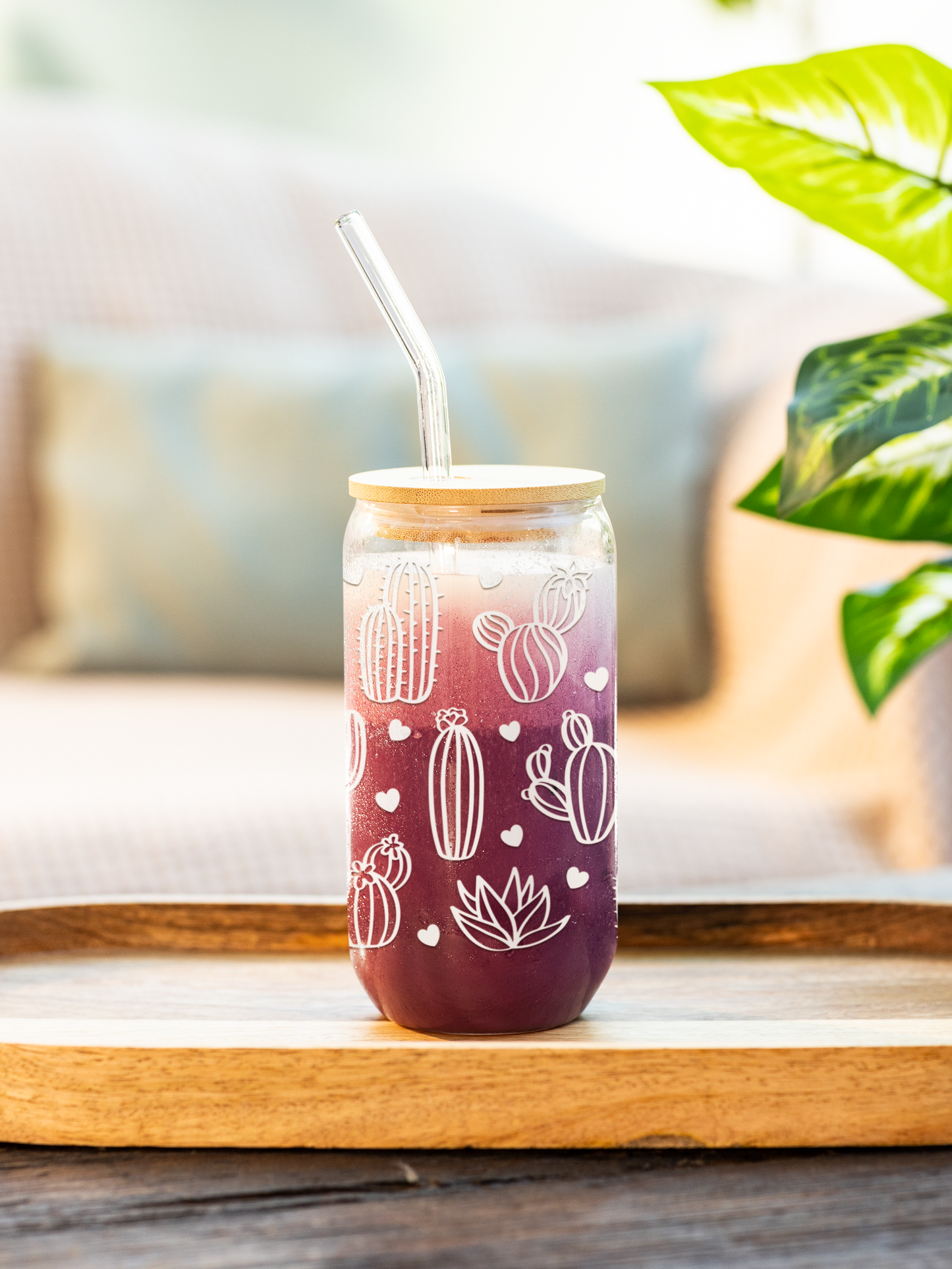 Desert Cactus 16 oz Glass Can with Bamboo Lid & Glass Straw