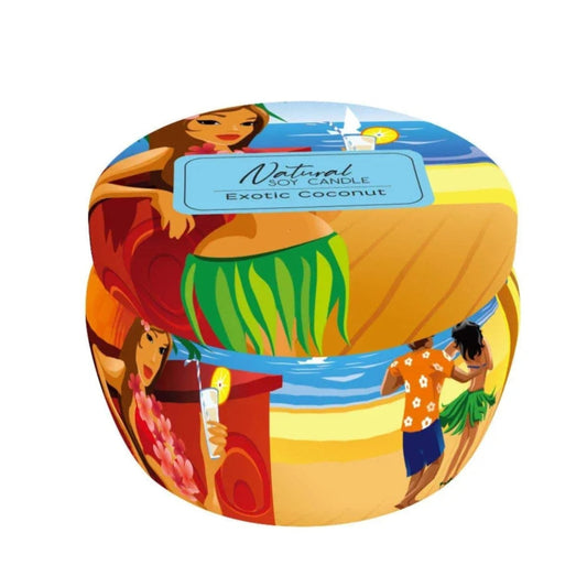 Colorful container with beach scene design on a white background