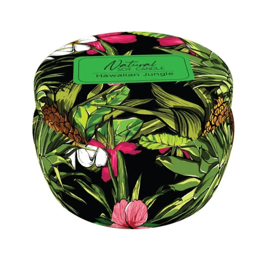Candle with tropical design and 'Hawaiian Jungle' label on a white background