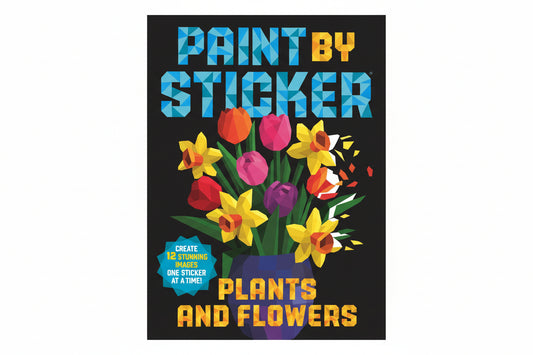 Sticker book cover with colorful flowers and text on a black background