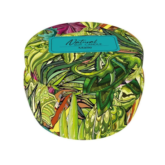 Colorful candle with leaf pattern on a white background