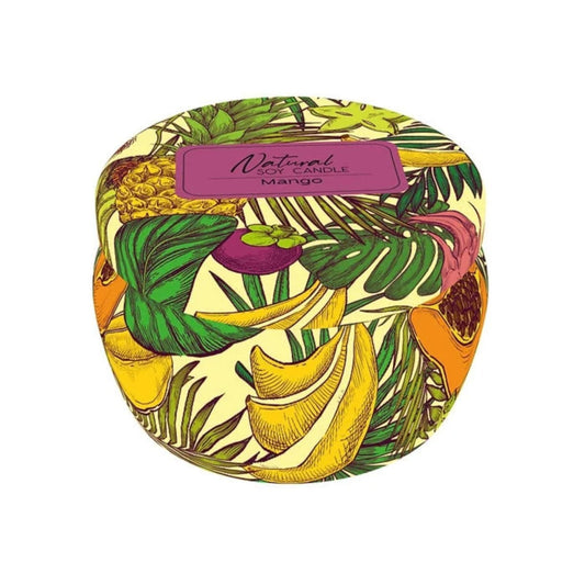 Colorful container with tropical fruit design on a white background