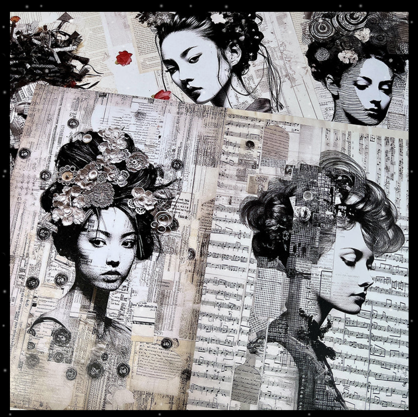 Vintage Music Sheets and Flower Women