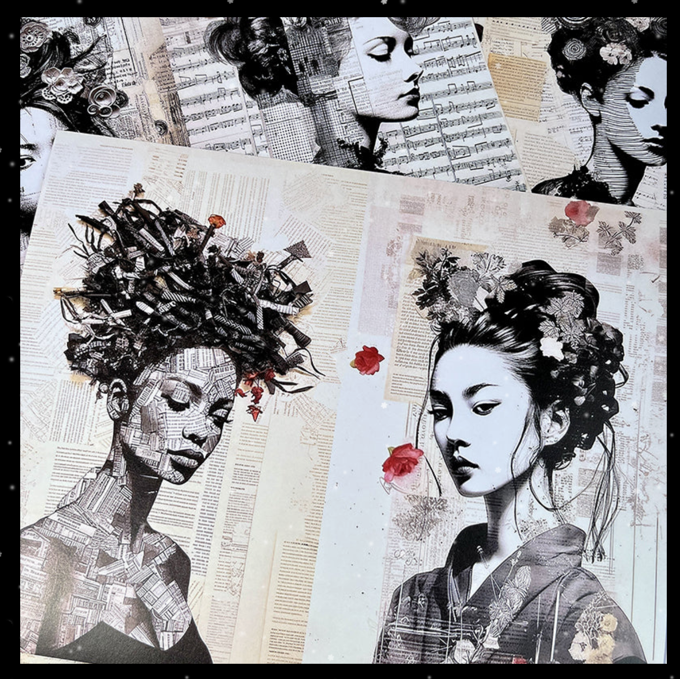 Vintage Music Sheets and Flower Women