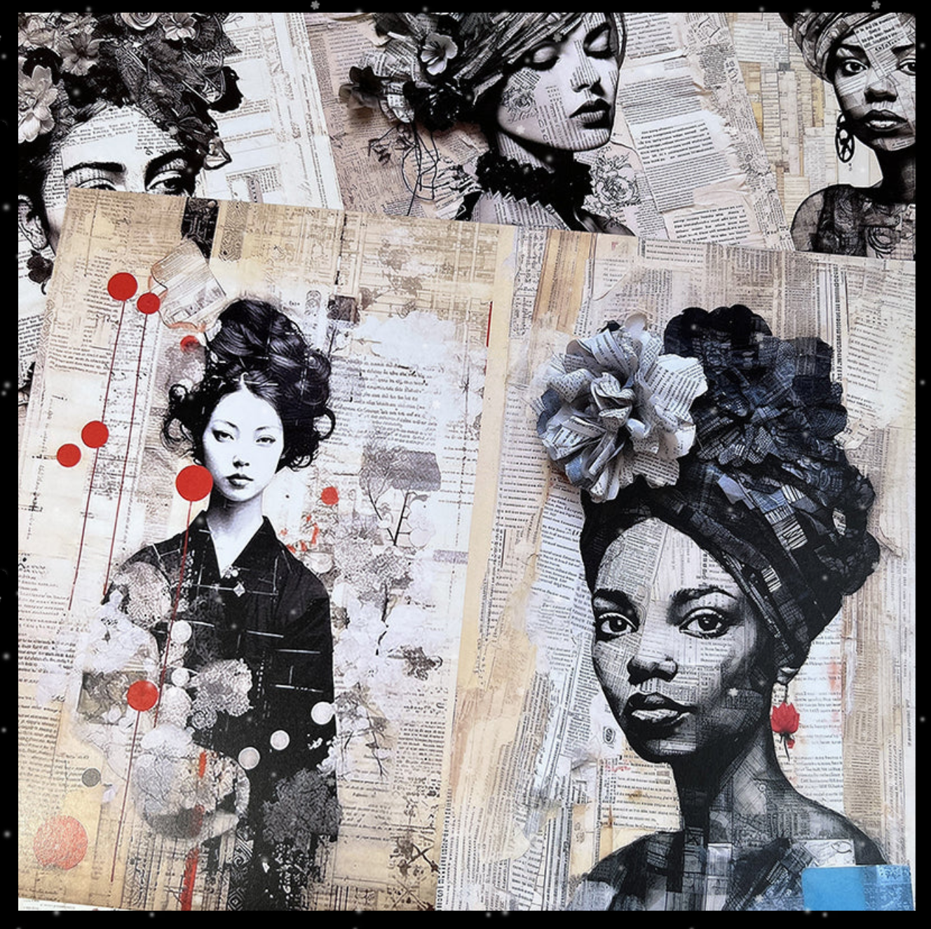 Vintage Music Sheets and Flower Women