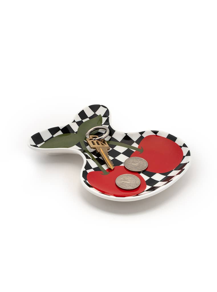 Ceramic Trinket & Jewelry Tray / Dish - Checkered & Cherries
