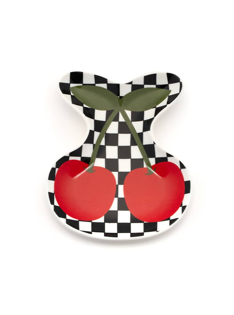 Ceramic Trinket & Jewelry Tray / Dish - Checkered & Cherries