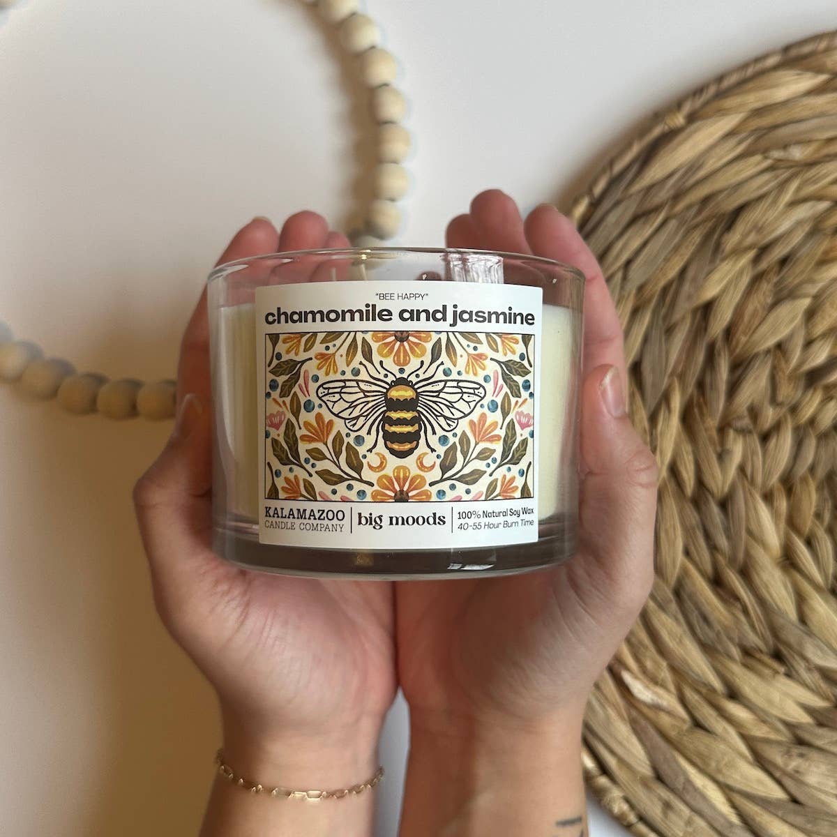 "Bee Happy" 3-Wick Soy Candle - Chamomile and Jasmine - 14oz